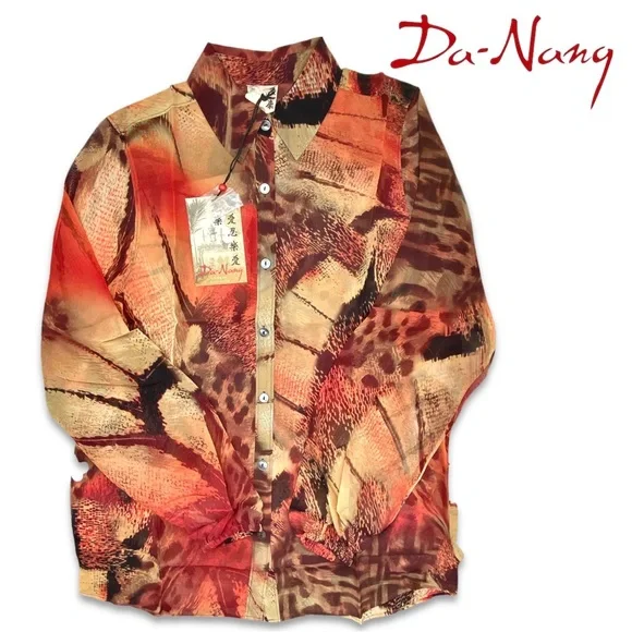 NWT Da-Nang Silk Abstract Print Button Up Blouse, M - Picture 2 of 15